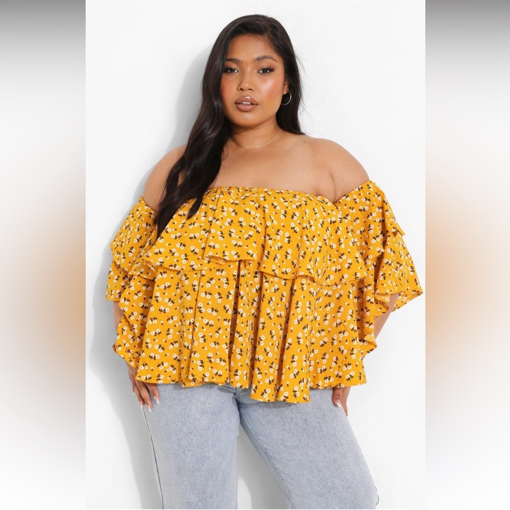 Boohoo Plus Yellow Ditsy Floral Ruffle Off-Shoulder Bardot Top Size 16
